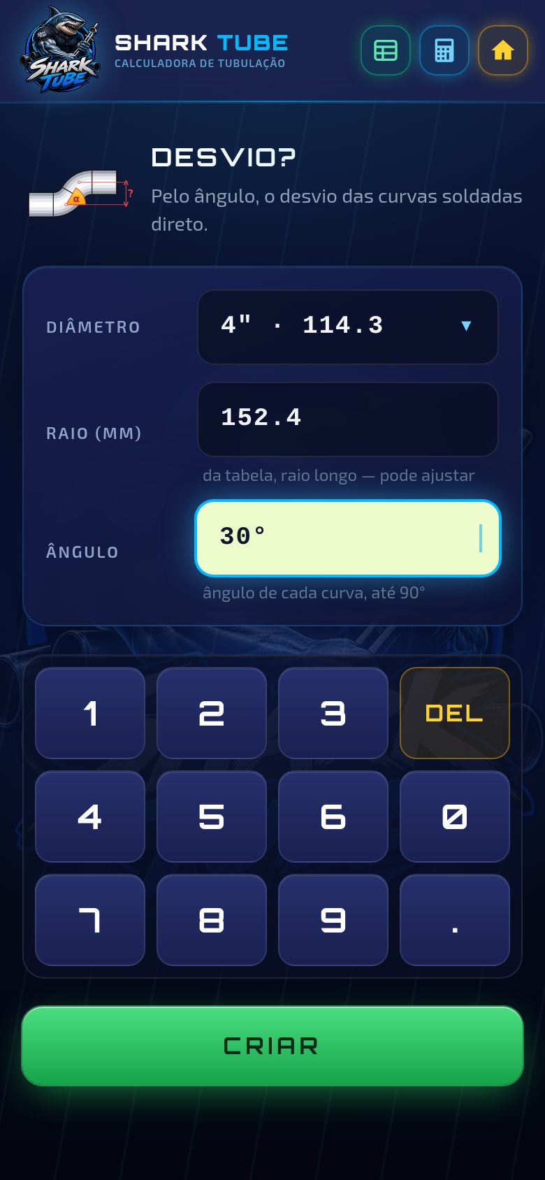 Tela de preenchimento com diâmetro, raio, ângulo e teclado numérico