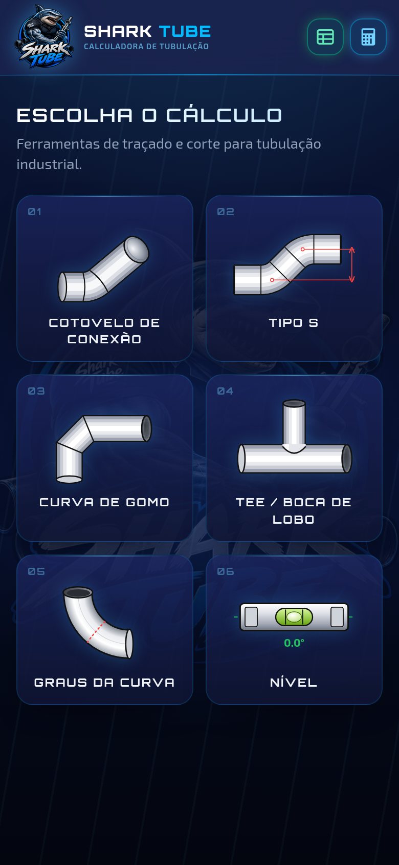 Tela inicial do Shark Tube com os seis cálculos